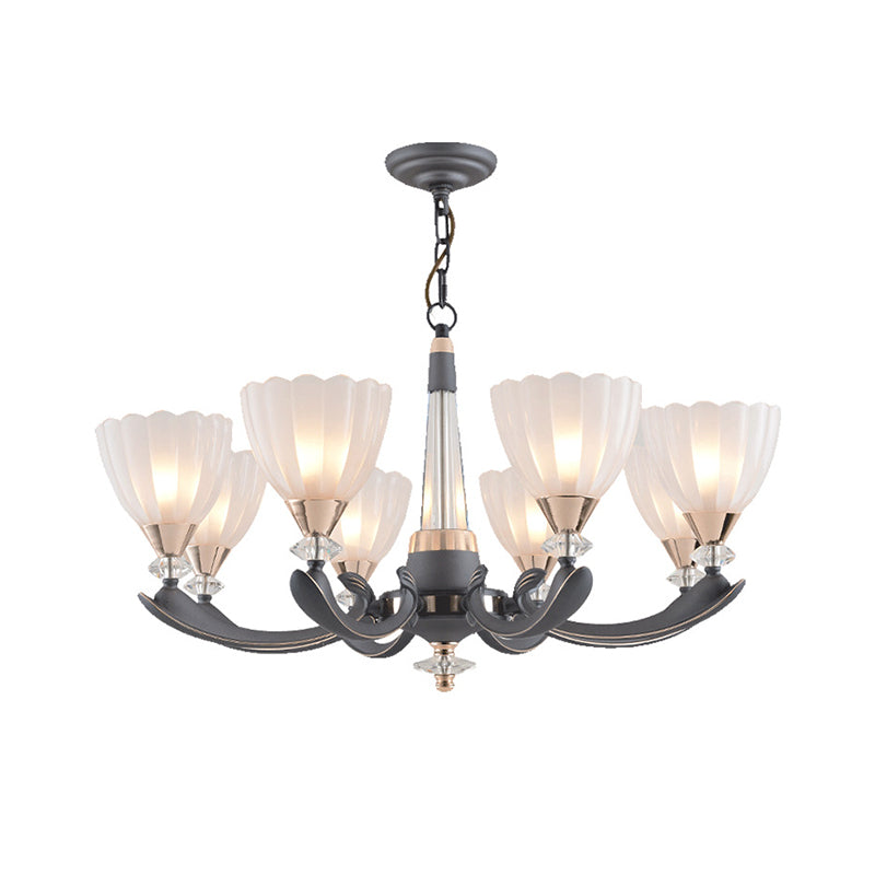 Gray-Gold 6/8 Lights Ceiling Chandelier Traditional White Frosted Glass Flower Up Hanging Lamp Clearhalo 'Ceiling Lights' 'Chandeliers' Lighting' options 817382