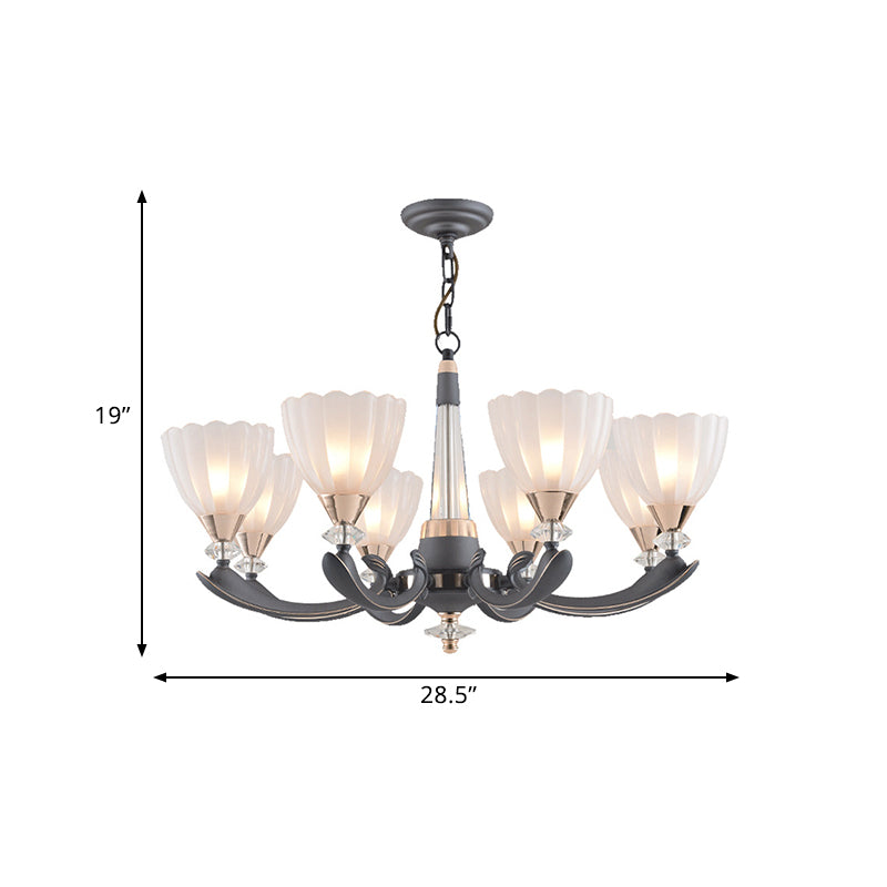 Gray-Gold 6/8 Lights Ceiling Chandelier Traditional White Frosted Glass Flower Up Hanging Lamp Clearhalo 'Ceiling Lights' 'Chandeliers' Lighting' options 817383