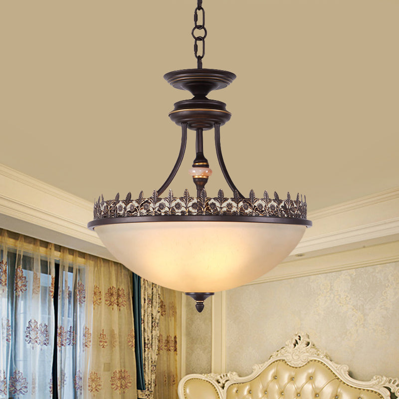 Bowl Bedroom Pendant Chandelier Rural Frosted Glass 3 Bulbs Black Hanging Light Fixture Clearhalo 'Ceiling Lights' 'Chandeliers' Lighting' options 817384