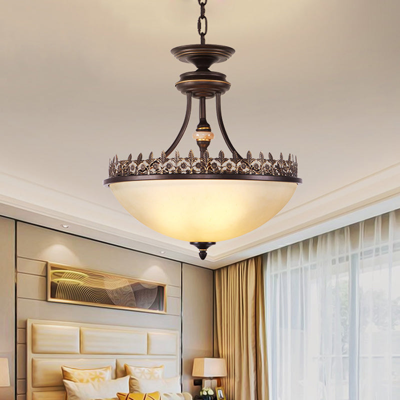 Bowl Bedroom Pendant Chandelier Rural Frosted Glass 3 Bulbs Black Hanging Light Fixture Clearhalo 'Ceiling Lights' 'Chandeliers' Lighting' options 817385