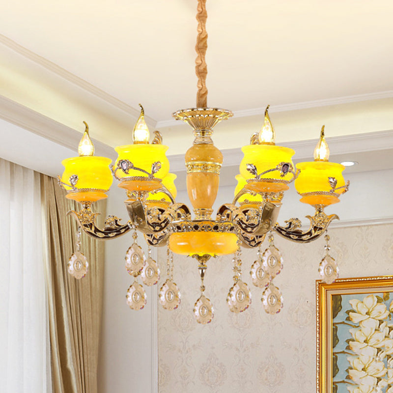 6/8 Lights Jade Ceiling Chandelier Antique Gold Candelabra Dining Room Pendant with Dangling Crystal Clearhalo 'Ceiling Lights' 'Chandeliers' Lighting' options 817396