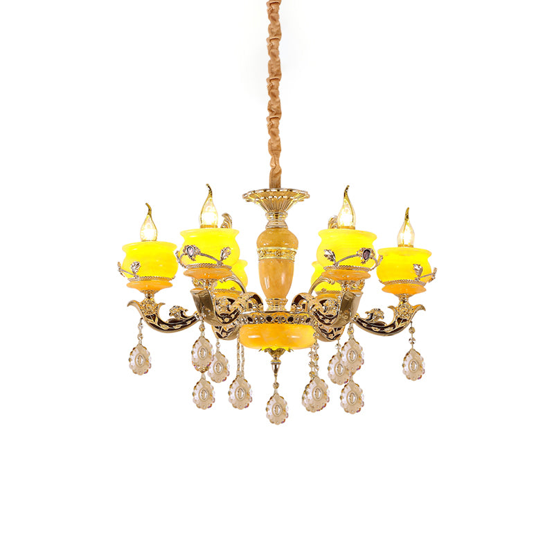 6/8 Lights Jade Ceiling Chandelier Antique Gold Candelabra Dining Room Pendant with Dangling Crystal Clearhalo 'Ceiling Lights' 'Chandeliers' Lighting' options 817397