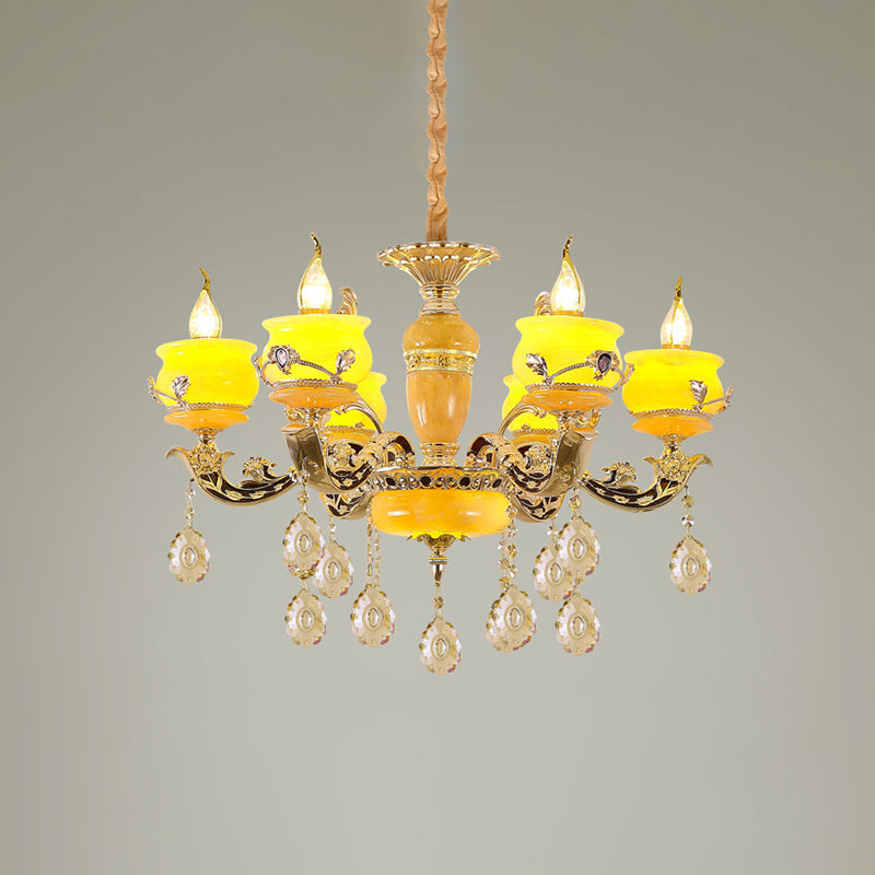 6/8 Lights Jade Ceiling Chandelier Antique Gold Candelabra Dining Room Pendant with Dangling Crystal Clearhalo 'Ceiling Lights' 'Chandeliers' Lighting' options 817398