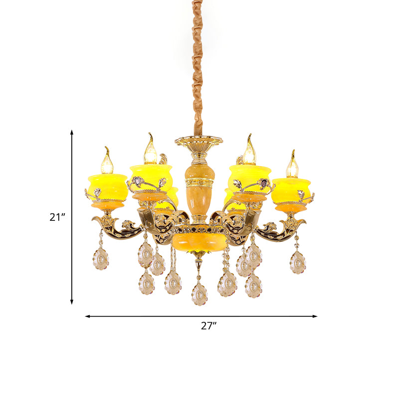 6/8 Lights Jade Ceiling Chandelier Antique Gold Candelabra Dining Room Pendant with Dangling Crystal Clearhalo 'Ceiling Lights' 'Chandeliers' Lighting' options 817399