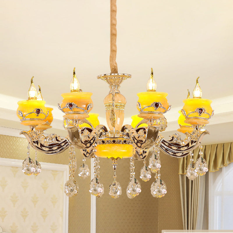 6/8 Lights Jade Ceiling Chandelier Antique Gold Candelabra Dining Room Pendant with Dangling Crystal Clearhalo 'Ceiling Lights' 'Chandeliers' Lighting' options 817400