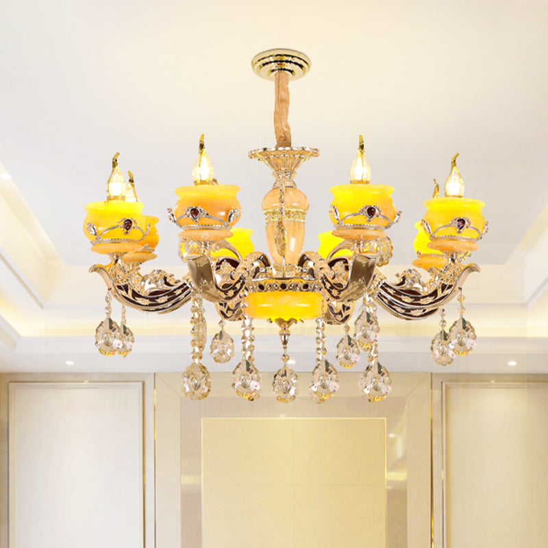 6/8 Lights Jade Ceiling Chandelier Antique Gold Candelabra Dining Room Pendant with Dangling Crystal Clearhalo 'Ceiling Lights' 'Chandeliers' Lighting' options 817401