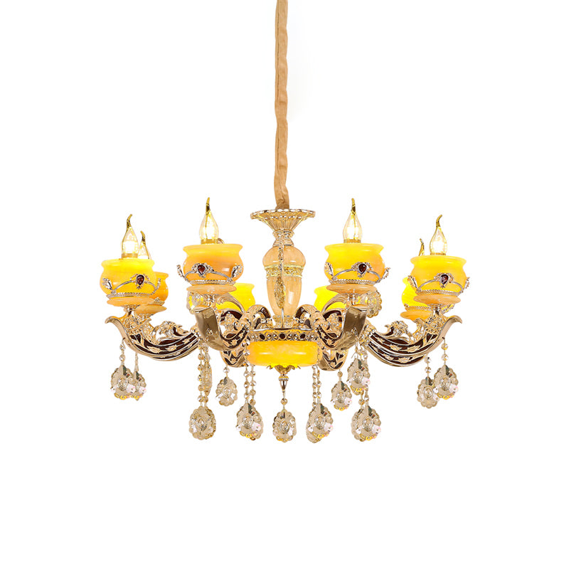 6/8 Lights Jade Ceiling Chandelier Antique Gold Candelabra Dining Room Pendant with Dangling Crystal Clearhalo 'Ceiling Lights' 'Chandeliers' Lighting' options 817402