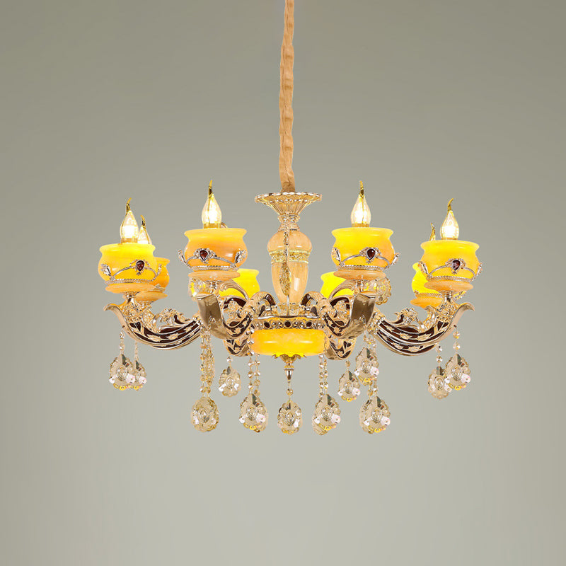 6/8 Lights Jade Ceiling Chandelier Antique Gold Candelabra Dining Room Pendant with Dangling Crystal Clearhalo 'Ceiling Lights' 'Chandeliers' Lighting' options 817403