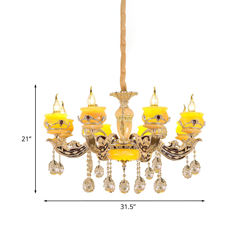 6/8 Lights Jade Ceiling Chandelier Antique Gold Candelabra Dining Room Pendant with Dangling Crystal Clearhalo 'Ceiling Lights' 'Chandeliers' Lighting' options 817404