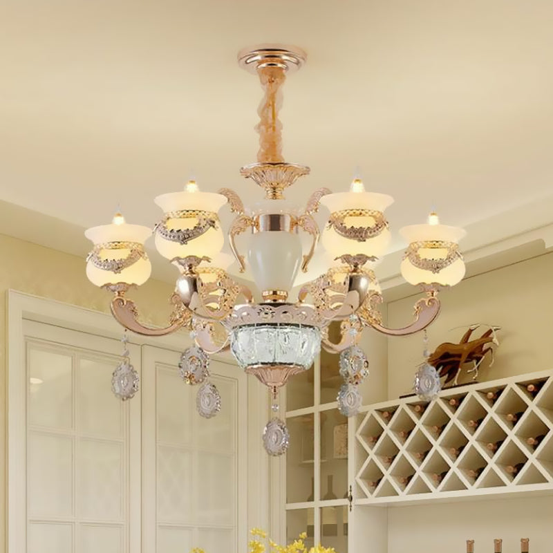 Clear Glass Candle Chandelier Traditional 6/8 Heads Bedroom Hanging Light in Gold with Crystal Draping 6 Gold Clearhalo 'Ceiling Lights' 'Chandeliers' Lighting' options 817405_c3dbb02d-1f9c-42b6-8a14-e68d34c27200