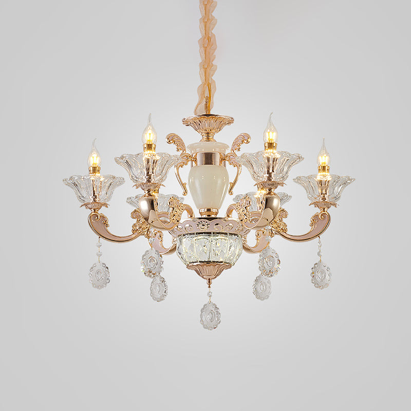 Clear Glass Candle Chandelier Traditional 6/8 Heads Bedroom Hanging Light in Gold with Crystal Draping Clearhalo 'Ceiling Lights' 'Chandeliers' Lighting' options 817406