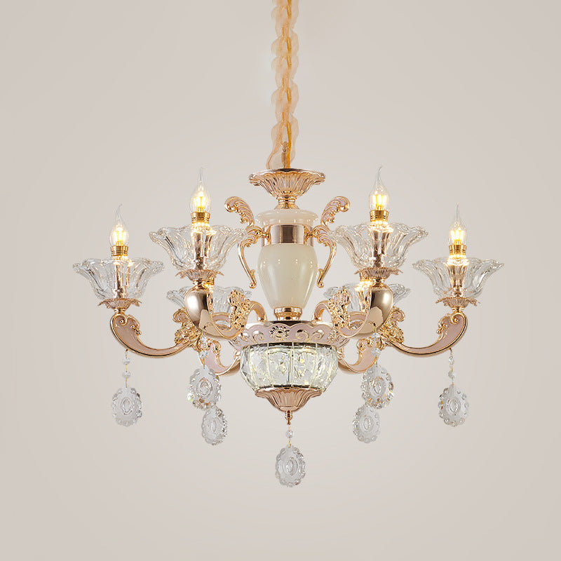 Clear Glass Candle Chandelier Traditional 6/8 Heads Bedroom Hanging Light in Gold with Crystal Draping Clearhalo 'Ceiling Lights' 'Chandeliers' Lighting' options 817407