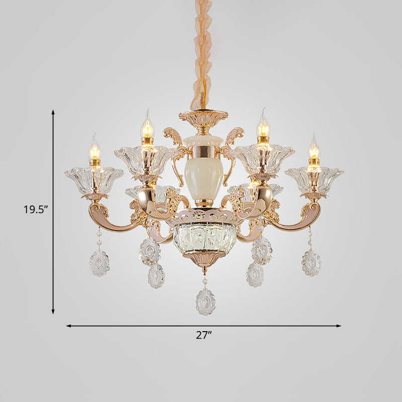 Clear Glass Candle Chandelier Traditional 6/8 Heads Bedroom Hanging Light in Gold with Crystal Draping Clearhalo 'Ceiling Lights' 'Chandeliers' Lighting' options 817408