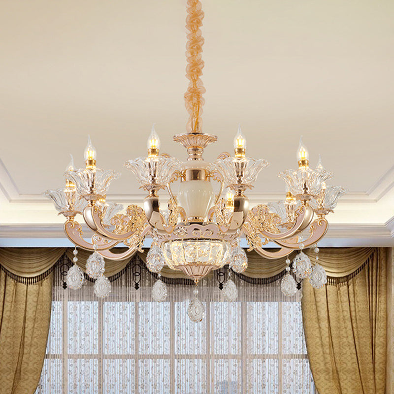 Clear Glass Candle Chandelier Traditional 6/8 Heads Bedroom Hanging Light in Gold with Crystal Draping Clearhalo 'Ceiling Lights' 'Chandeliers' Lighting' options 817409