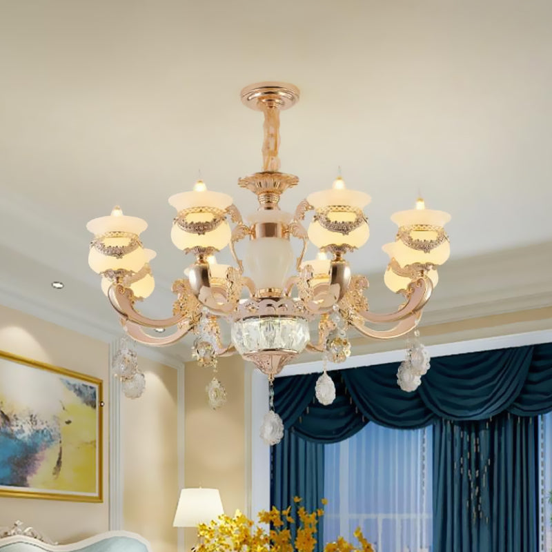 Clear Glass Candle Chandelier Traditional 6/8 Heads Bedroom Hanging Light in Gold with Crystal Draping Clearhalo 'Ceiling Lights' 'Chandeliers' Lighting' options 817410