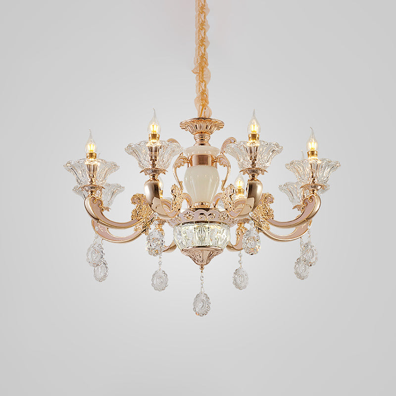 Clear Glass Candle Chandelier Traditional 6/8 Heads Bedroom Hanging Light in Gold with Crystal Draping Clearhalo 'Ceiling Lights' 'Chandeliers' Lighting' options 817411