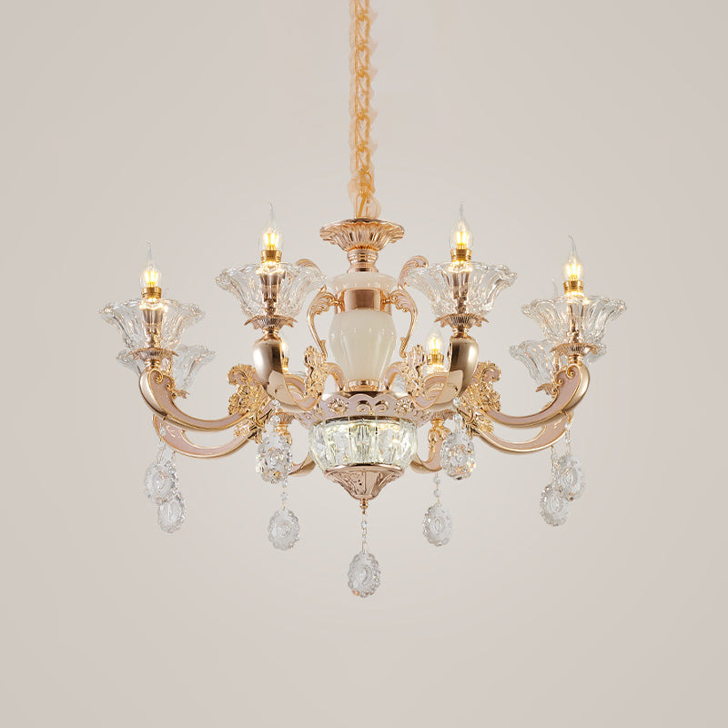 Clear Glass Candle Chandelier Traditional 6/8 Heads Bedroom Hanging Light in Gold with Crystal Draping Clearhalo 'Ceiling Lights' 'Chandeliers' Lighting' options 817412