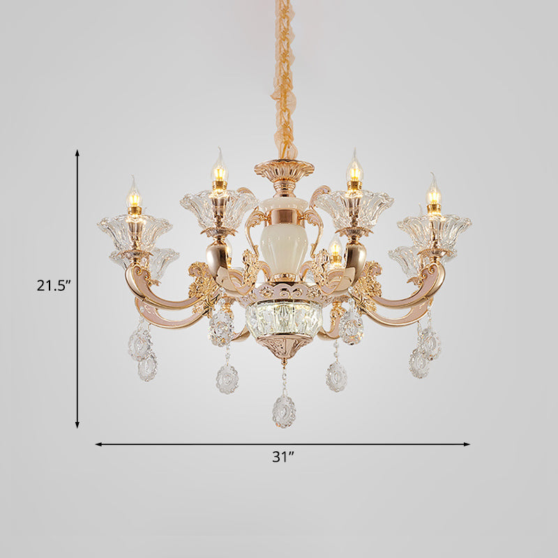 Clear Glass Candle Chandelier Traditional 6/8 Heads Bedroom Hanging Light in Gold with Crystal Draping Clearhalo 'Ceiling Lights' 'Chandeliers' Lighting' options 817413