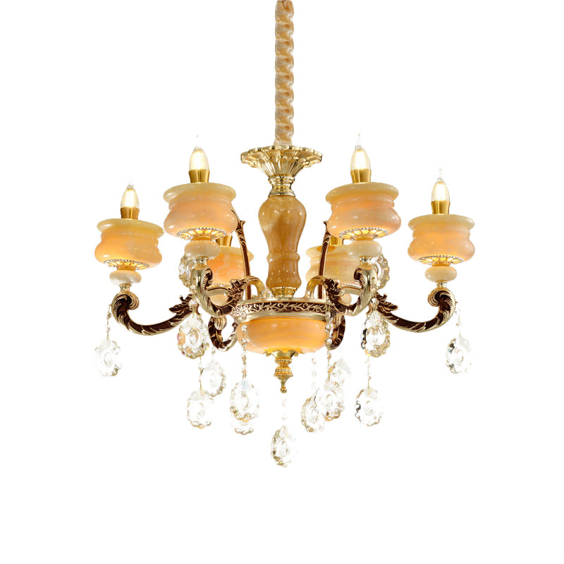 Gold Candlestick Hanging Chandelier Vintage Jade 6/8 Bulbs Bedroom Pendant Light with Crystal Drop Clearhalo 'Ceiling Lights' 'Chandeliers' Lighting' options 817415