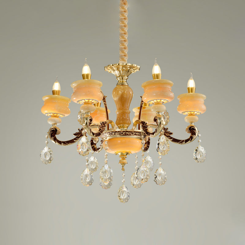 Gold Candlestick Hanging Chandelier Vintage Jade 6/8 Bulbs Bedroom Pendant Light with Crystal Drop Clearhalo 'Ceiling Lights' 'Chandeliers' Lighting' options 817416