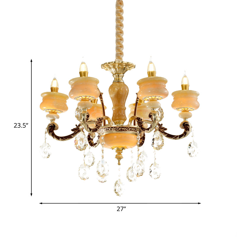 Gold Candlestick Hanging Chandelier Vintage Jade 6/8 Bulbs Bedroom Pendant Light with Crystal Drop Clearhalo 'Ceiling Lights' 'Chandeliers' Lighting' options 817417