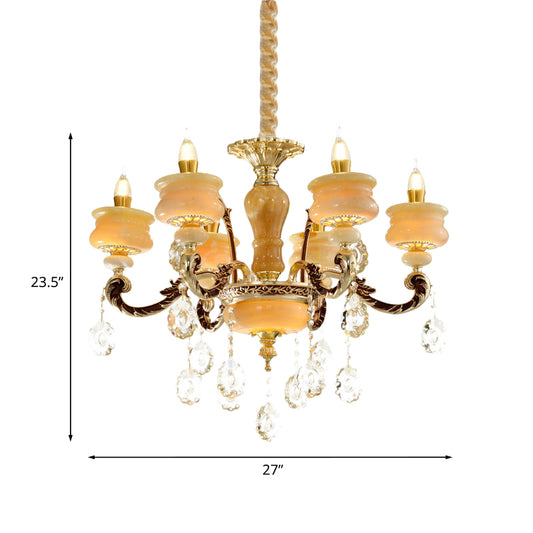 Gold Candlestick Hanging Chandelier Vintage Jade 6/8 Bulbs Bedroom Pendant Light with Crystal Drop Clearhalo 'Ceiling Lights' 'Chandeliers' Lighting' options 817417