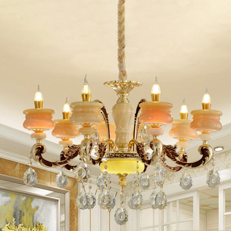 Gold Candlestick Hanging Chandelier Vintage Jade 6/8 Bulbs Bedroom Pendant Light with Crystal Drop 8 Gold Clearhalo 'Ceiling Lights' 'Chandeliers' Lighting' options 817418_343b5c61-5f7e-4617-8b94-b52e5c53f087