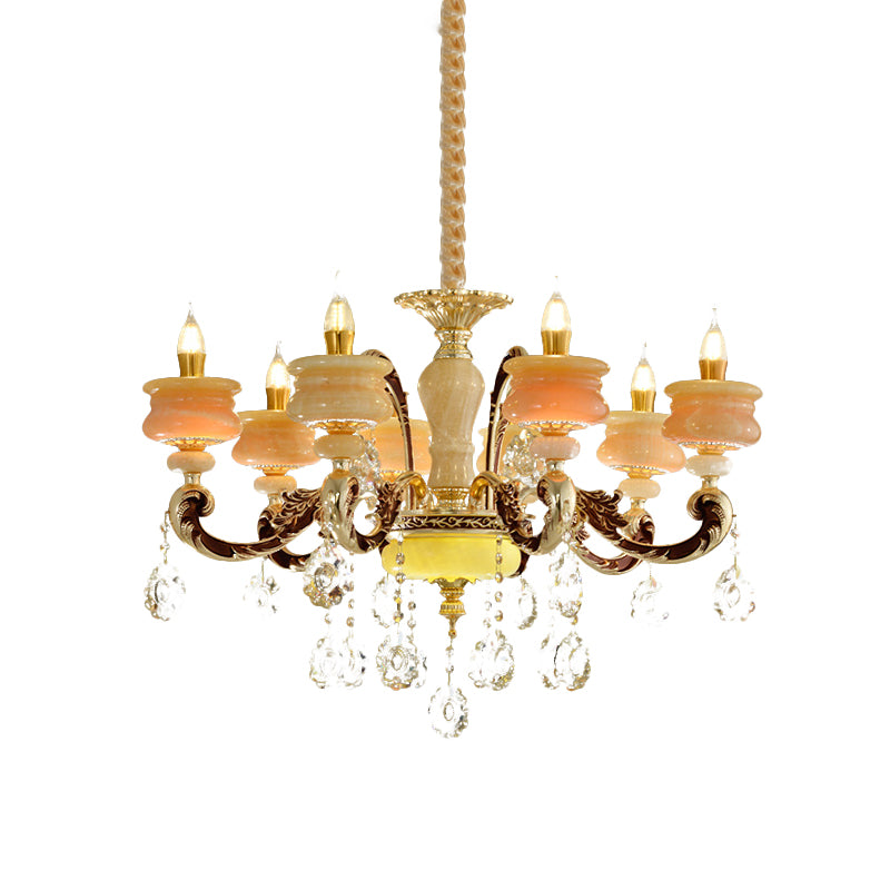 Gold Candlestick Hanging Chandelier Vintage Jade 6/8 Bulbs Bedroom Pendant Light with Crystal Drop Clearhalo 'Ceiling Lights' 'Chandeliers' Lighting' options 817420