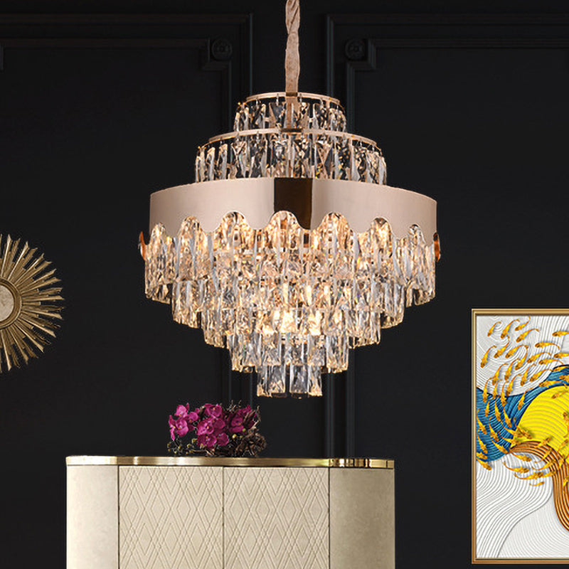 Crystal Rectangle Tiered Chandelier Modernism 7/12 Lights Dining Room Suspension Pendant in Gold 12 Gold Clearhalo 'Ceiling Lights' 'Chandeliers' Lighting' options 817458_037c44fc-ad82-4bfd-983b-6a6cc1d53484