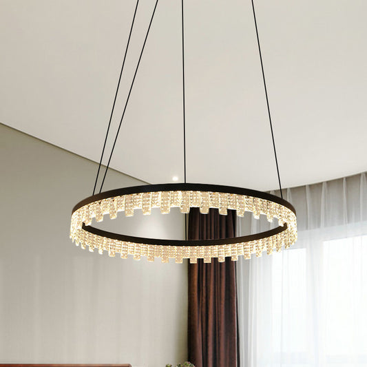 Circle Bedroom Chandelier Lamp Modernism Crystal Rectangle LED Black Hanging Light Fixture Black Clearhalo 'Ceiling Lights' 'Chandeliers' 'Modern Chandeliers' 'Modern' Lighting' 817471