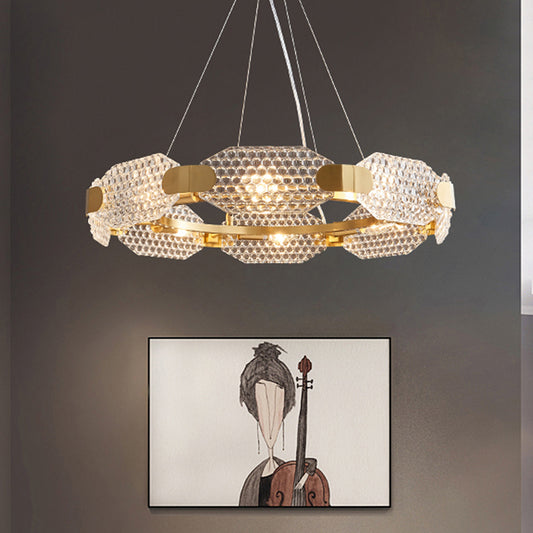 Prism Crystal Circular Chandelier Light Simple Style 6 Lights Bedroom Hanging Lamp Kit in Gold with Octangular Panel Gold Clearhalo 'Ceiling Lights' 'Chandeliers' 'Modern Chandeliers' 'Modern' Lighting' 817488