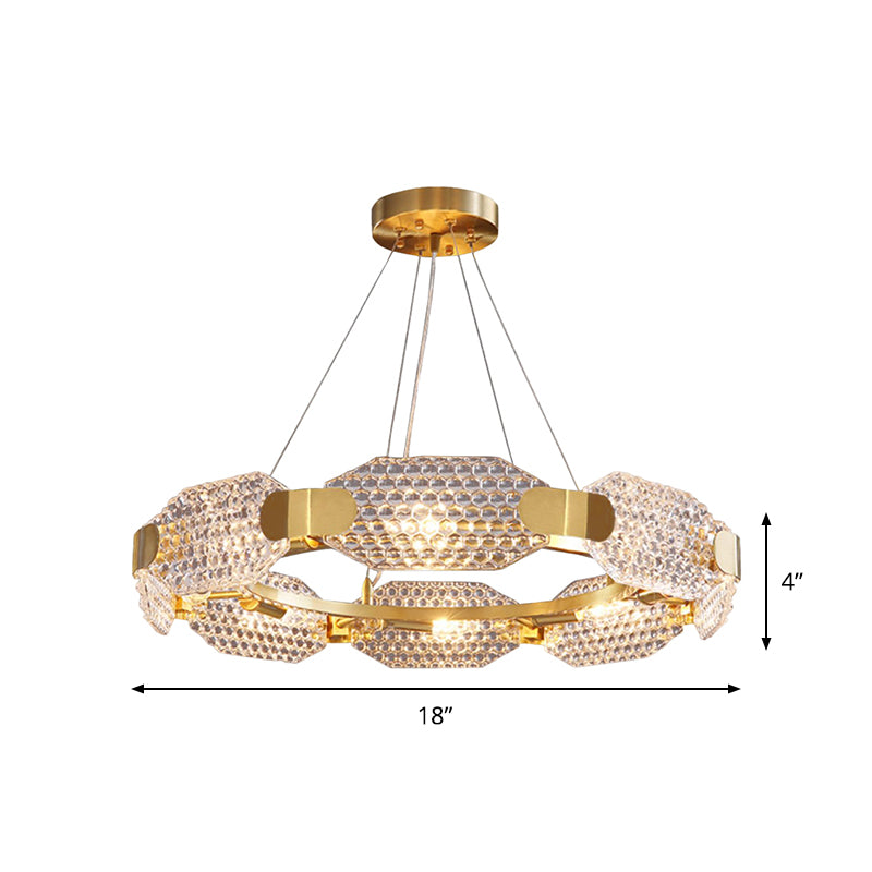 Prism Crystal Circular Chandelier Light Simple Style 6 Lights Bedroom Hanging Lamp Kit in Gold with Octangular Panel Clearhalo 'Ceiling Lights' 'Chandeliers' 'Modern Chandeliers' 'Modern' Lighting' 817491