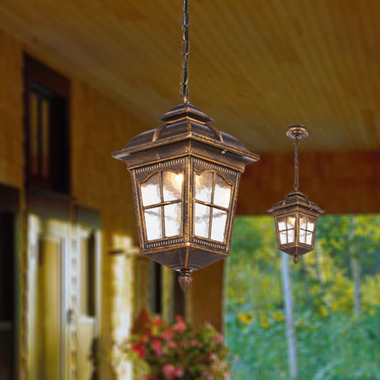 1-Light Clear Ripple Glass Drop Pendant Lodge Bronze Lantern Outdoor Hanging Fixture Bronze Clearhalo 'Ceiling Lights' 'Glass shade' 'Glass' 'Pendant Lights' 'Pendants' Lighting' 817532