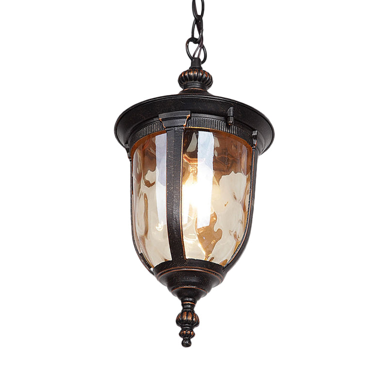 Urn Shape Amber Dimpled Glass Ceiling Light Country 1-Head Hallway Pendant Lighting Fixture in Black Clearhalo 'Ceiling Lights' 'Glass shade' 'Glass' 'Pendant Lights' 'Pendants' Lighting' 817554
