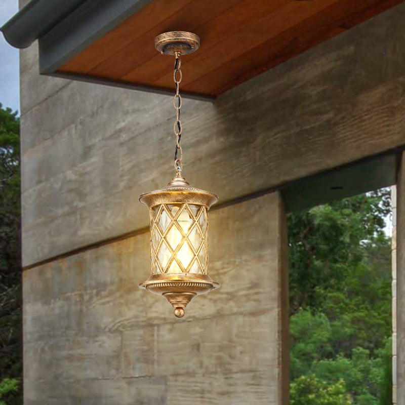 Clear Water Glass Bronze Hanging Light Kit Cylinder 1-Light Rustic Suspension Pendant with Lattice Cage Clearhalo 'Ceiling Lights' 'Glass shade' 'Glass' 'Pendant Lights' 'Pendants' Lighting' 817569