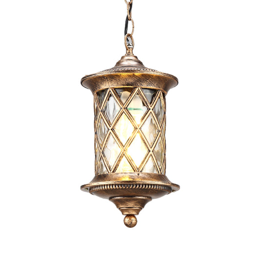 Clear Water Glass Bronze Hanging Light Kit Cylinder 1-Light Rustic Suspension Pendant with Lattice Cage Clearhalo 'Ceiling Lights' 'Glass shade' 'Glass' 'Pendant Lights' 'Pendants' Lighting' 817570