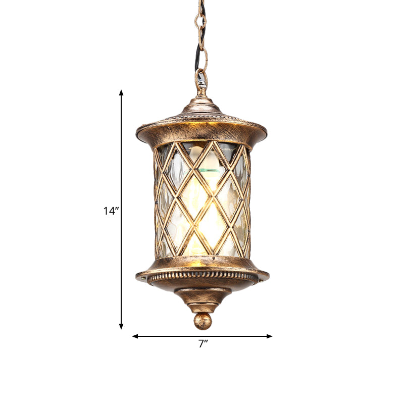 Clear Water Glass Bronze Hanging Light Kit Cylinder 1-Light Rustic Suspension Pendant with Lattice Cage Clearhalo 'Ceiling Lights' 'Glass shade' 'Glass' 'Pendant Lights' 'Pendants' Lighting' 817571