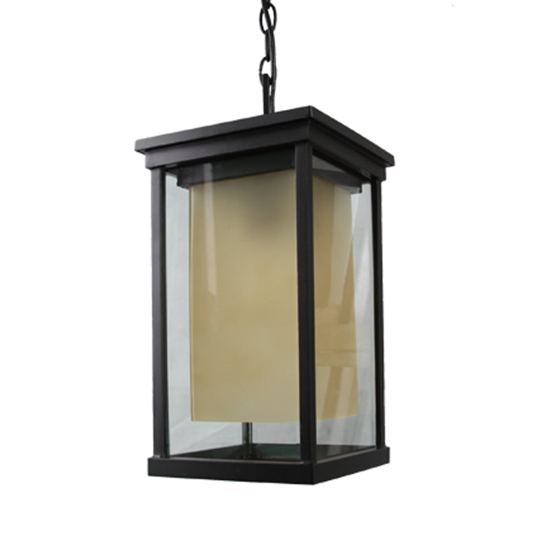 Black 1 Bulb Ceiling Pendant Classic Clear Glass Rectangle Hanging Lamp Kit with Inner Cylinder Amber Glass Shade Clearhalo 'Ceiling Lights' 'Glass shade' 'Glass' 'Pendant Lights' 'Pendants' Lighting' 817574
