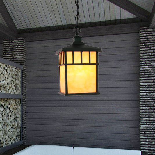 Lantern Corridor Drop Pendant Traditional Frosted Glass 1-Light Black Suspension Light Black Clearhalo 'Ceiling Lights' 'Glass shade' 'Glass' 'Pendant Lights' 'Pendants' Lighting' 817576
