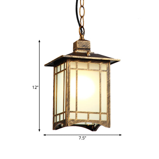 1 Head Opal Glass Pendant Lighting Country Bronze Lantern Shade Outdoor Hanging Light Kit Clearhalo 'Ceiling Lights' 'Glass shade' 'Glass' 'Pendant Lights' 'Pendants' Lighting' 817583