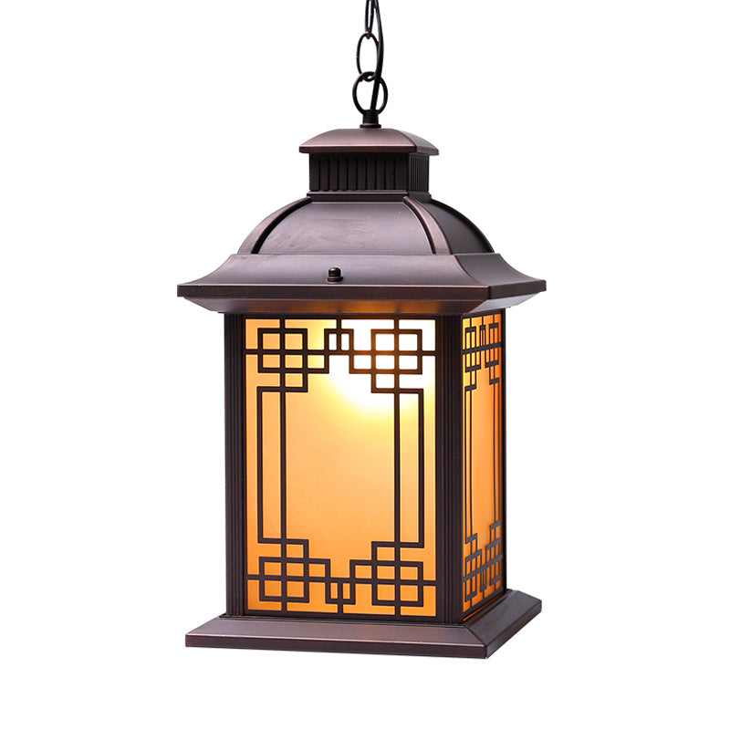 1-Head Pendant Light Fixture Lodge Lantern Yellow Glass Down Lighting in Coffee for Outdoor Clearhalo 'Ceiling Lights' 'Glass shade' 'Glass' 'Pendant Lights' 'Pendants' Lighting' 817589