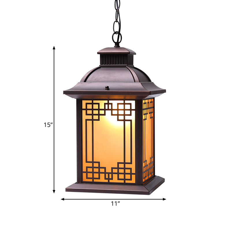 1-Head Pendant Light Fixture Lodge Lantern Yellow Glass Down Lighting in Coffee for Outdoor Clearhalo 'Ceiling Lights' 'Glass shade' 'Glass' 'Pendant Lights' 'Pendants' Lighting' 817591