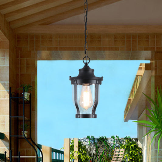 1 Bulb Lantern Shape Pendant Light Kit Rustic Textured Black Finish Clear Glass Ceiling Lamp for Balcony Textured Black Clearhalo 'Ceiling Lights' 'Glass shade' 'Glass' 'Pendant Lights' 'Pendants' Lighting' 817596
