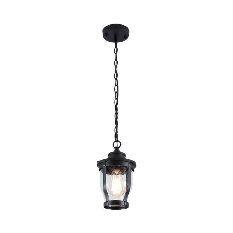 1 Bulb Lantern Shape Pendant Light Kit Rustic Textured Black Finish Clear Glass Ceiling Lamp for Balcony Clearhalo 'Ceiling Lights' 'Glass shade' 'Glass' 'Pendant Lights' 'Pendants' Lighting' 817598