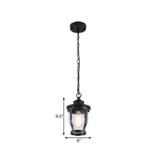 1 Bulb Lantern Shape Pendant Light Kit Rustic Textured Black Finish Clear Glass Ceiling Lamp for Balcony Clearhalo 'Ceiling Lights' 'Glass shade' 'Glass' 'Pendant Lights' 'Pendants' Lighting' 817599