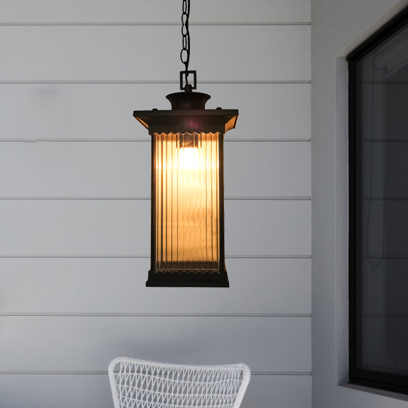 Clear Ribbed Glass Rectangle Pendant Classic 1 Head Courtyard Hanging Ceiling Light in Dark Coffee Dark Coffee Clearhalo 'Ceiling Lights' 'Close To Ceiling Lights' 'Glass shade' 'Glass' 'Pendant Lights' 'Pendants' Lighting' 817600