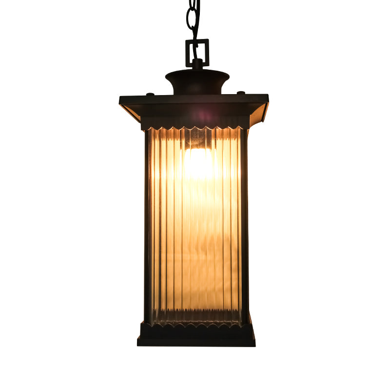 Clear Ribbed Glass Rectangle Pendant Classic 1 Head Courtyard Hanging Ceiling Light in Dark Coffee Clearhalo 'Ceiling Lights' 'Close To Ceiling Lights' 'Glass shade' 'Glass' 'Pendant Lights' 'Pendants' Lighting' 817601