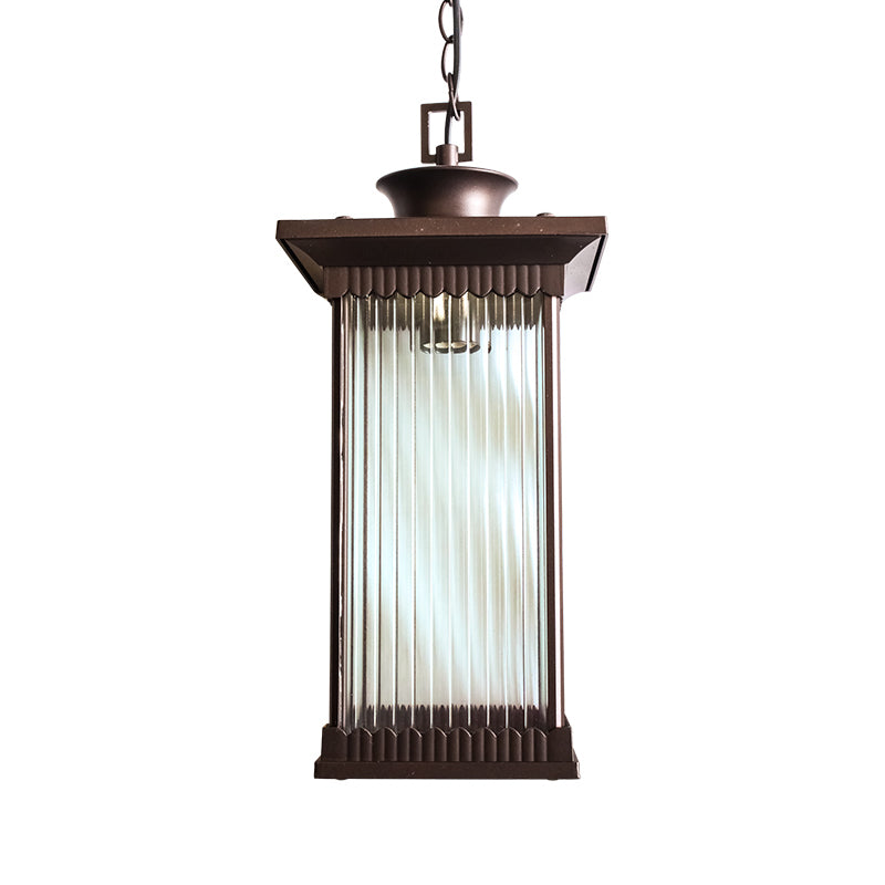 Clear Ribbed Glass Rectangle Pendant Classic 1 Head Courtyard Hanging Ceiling Light in Dark Coffee Clearhalo 'Ceiling Lights' 'Close To Ceiling Lights' 'Glass shade' 'Glass' 'Pendant Lights' 'Pendants' Lighting' 817602