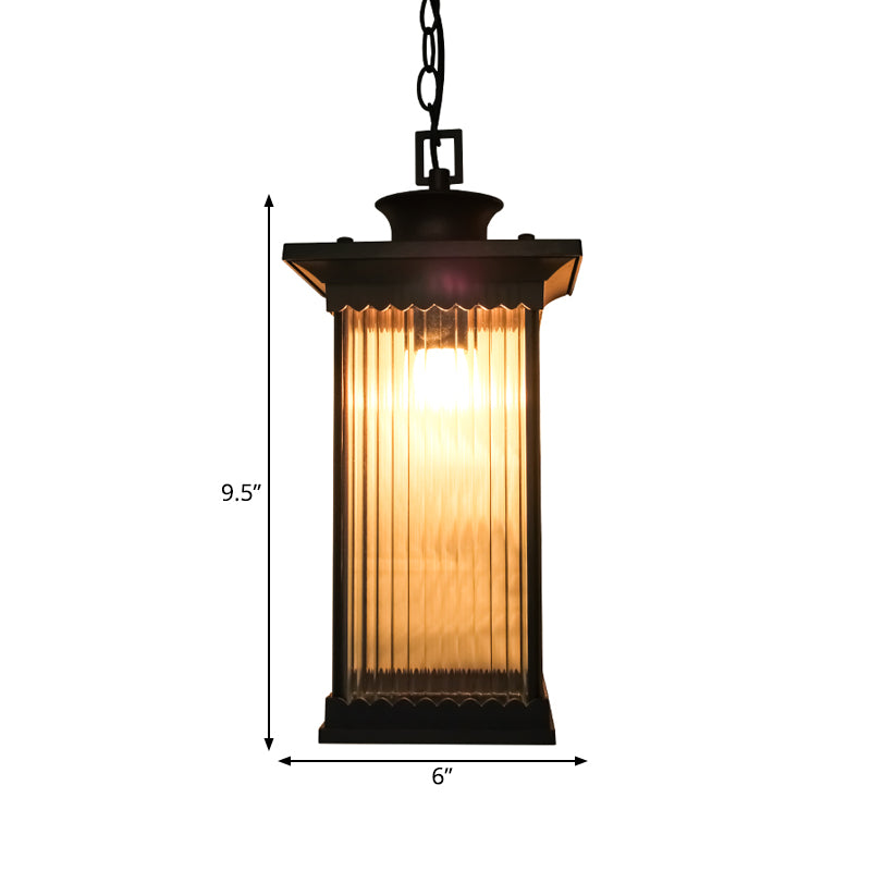Clear Ribbed Glass Rectangle Pendant Classic 1 Head Courtyard Hanging Ceiling Light in Dark Coffee Clearhalo 'Ceiling Lights' 'Close To Ceiling Lights' 'Glass shade' 'Glass' 'Pendant Lights' 'Pendants' Lighting' 817603