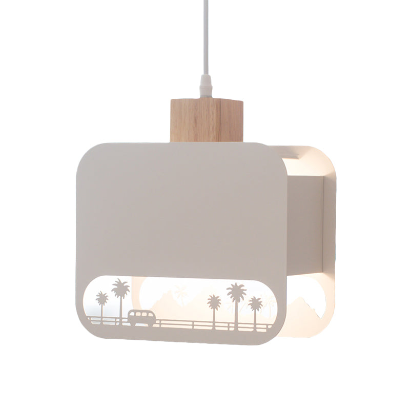 1 Bulb Kid Bedroom Hanging Light Kit Nordic White and Wood Pendant Lamp with Etched Square Iron Shade Clearhalo 'Ceiling Lights' 'Pendant Lights' 'Pendants' Lighting' 817609